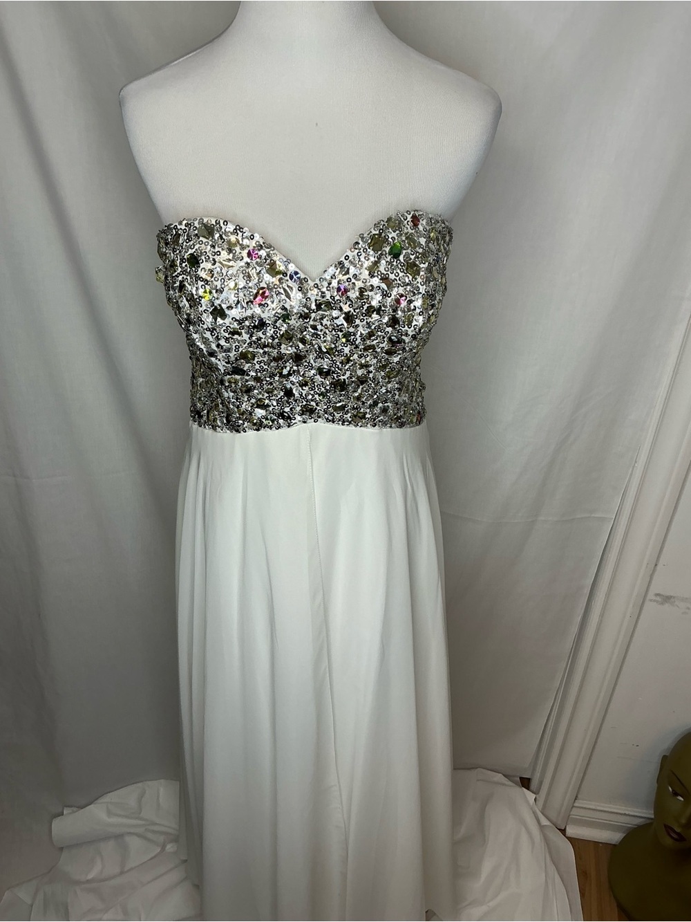2158 - Strapless White Evening Gown with Silver Crystal Bodice - Picture 2 of 9